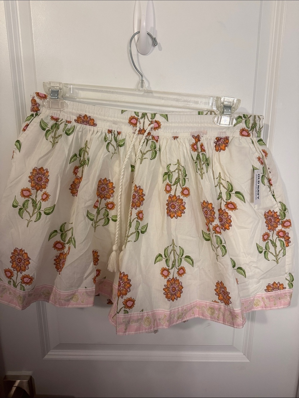 Old Navy Cream Mini Skirt with Orange Floral Print and Pink Hem
